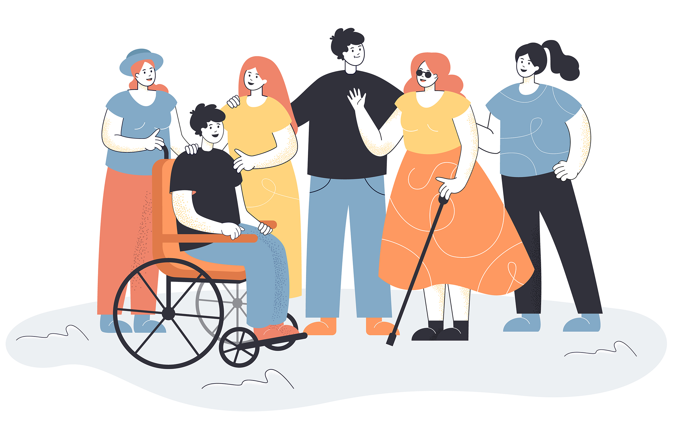 Men and women welcoming people with disabilities. Group of people meeting blind female character and male in wheelchair. People talking, smiling. Inclusion concept for banner, website design