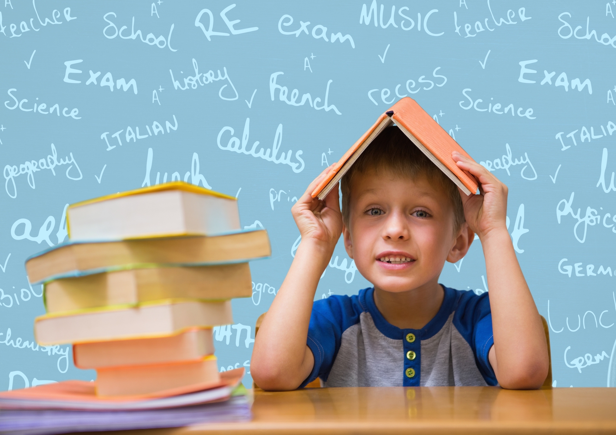 Digital composition of boy with book on head against school doodle background