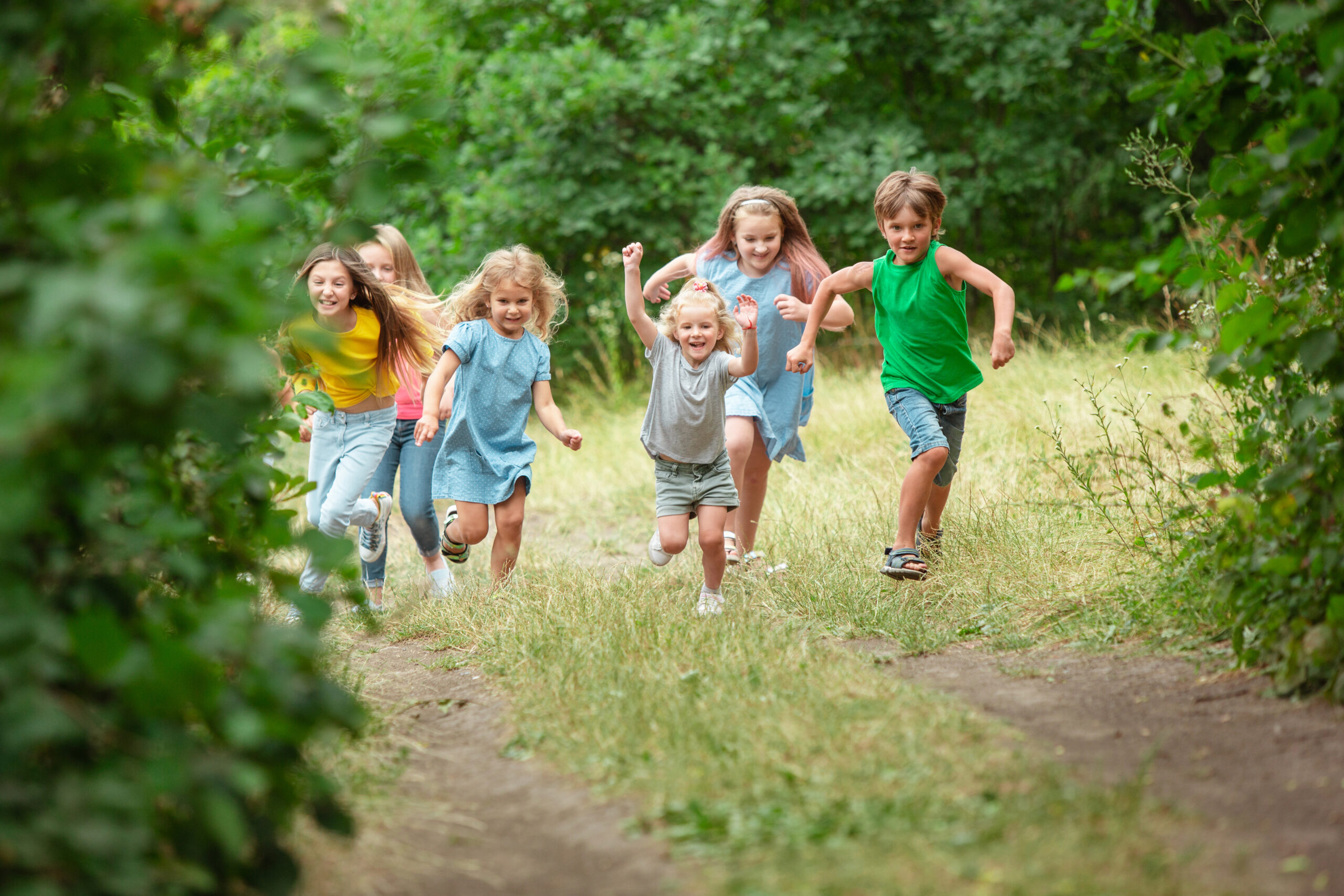 Kids, children running on green meadow, forest