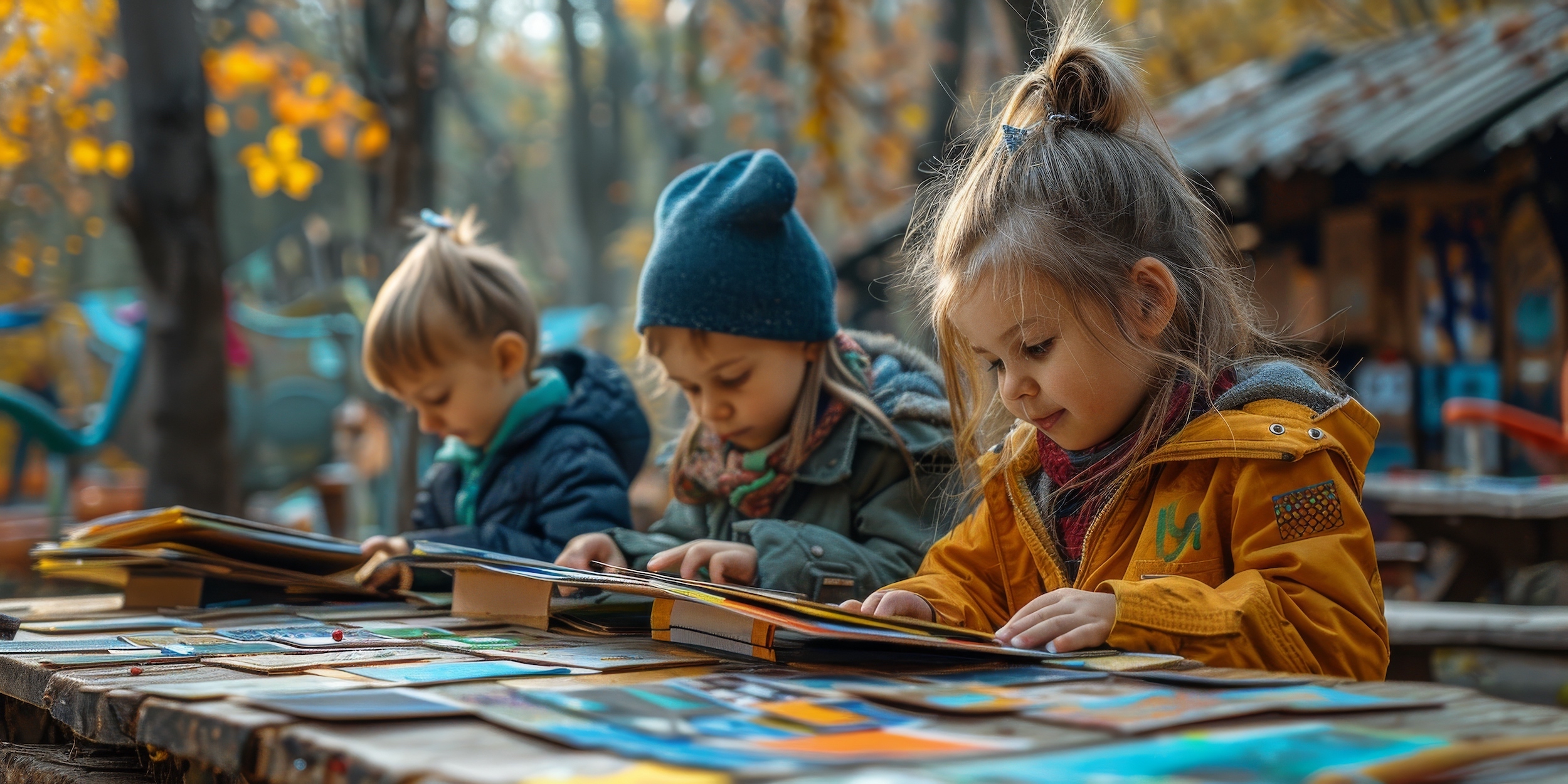 A group of happy children are leisurely sitting at a table, sharing puzzles and having fun together in a community, showcasing their adaptability and toddler recreation skills